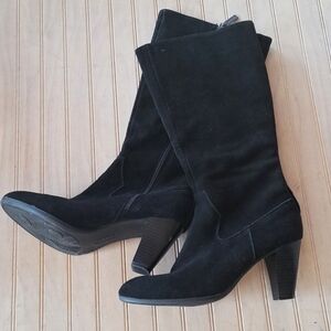 Connie Cecilia Classic Black Suede Leather Tall Chunky Heel Boots